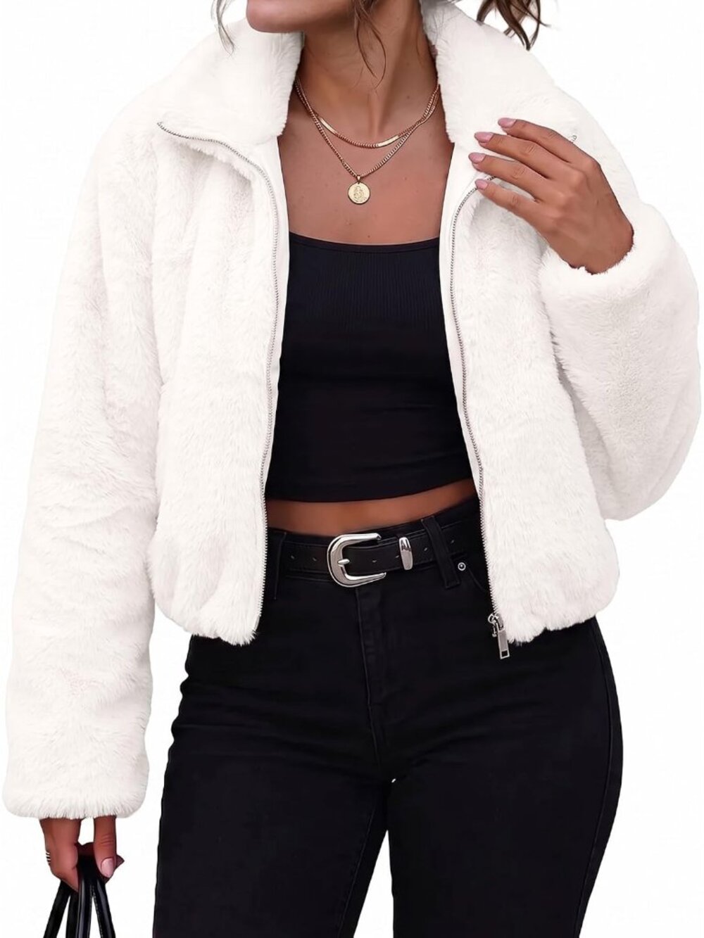 Women's White 100% Polyester Cropped Full Zip-Up High Neck Collar Bomber Jacket